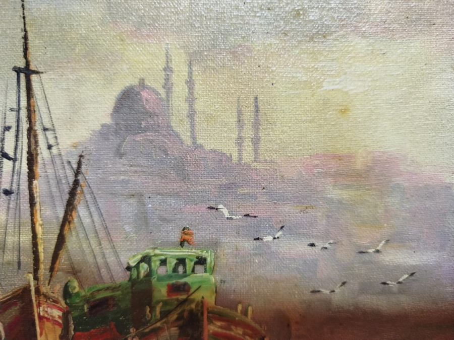 2009 KADİR EKİM SANATCI İMZALI YAGLI BOYA İSTANBUL UNKAPANI KARAKOYDE ESKİ HAL MAVNALAR