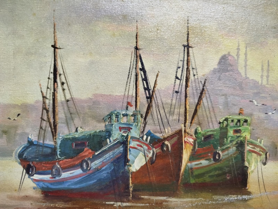 2009 KADİR EKİM SANATCI İMZALI YAGLI BOYA İSTANBUL UNKAPANI KARAKOYDE ESKİ HAL MAVNALAR