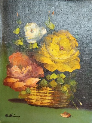 2009 KADİR EKİM SANATCI İMZALI YAGLI BOYA  HASIR ORME SEPETDE RENKLİ GULLER 