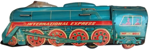 1960 INTERNATIONAL EXPRESS MF - 804 TOYS TRAIN TENEKE SURTMELİ OYUNCAK MAVİ RENKDE TREN