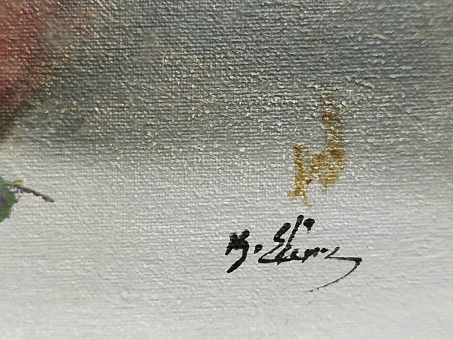 2009 KADİR EKİM SANATCI İMZALI YAGLI BOYA ALTIN RENKLİ VAZODA MOR CİCEKLER