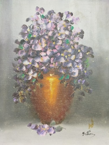 2009 KADİR EKİM SANATCI İMZALI YAGLI BOYA ALTIN RENKLİ VAZODA MOR CİCEKLER
