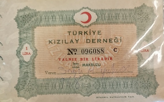1968 TURKİYE KIZILAY DERNEGİ BİR LİRALIK YARDIM MAKBUZU