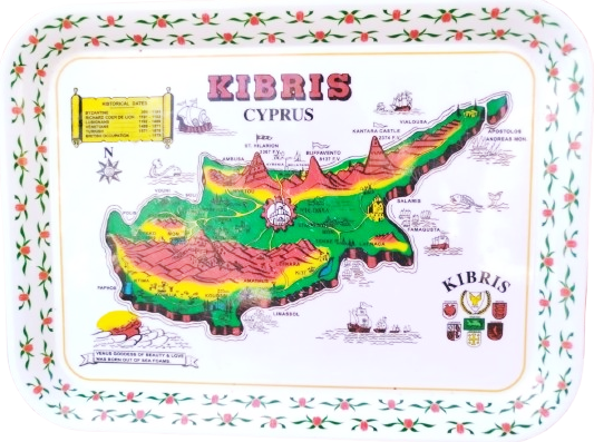 1974 KIBRIS CYPRUS UZERİNDE KIBRISIN TAMAMININ RENKLİ HARİTASI BULUNAN KIBRIS HATIRASI BEYAZ MELAMİN 