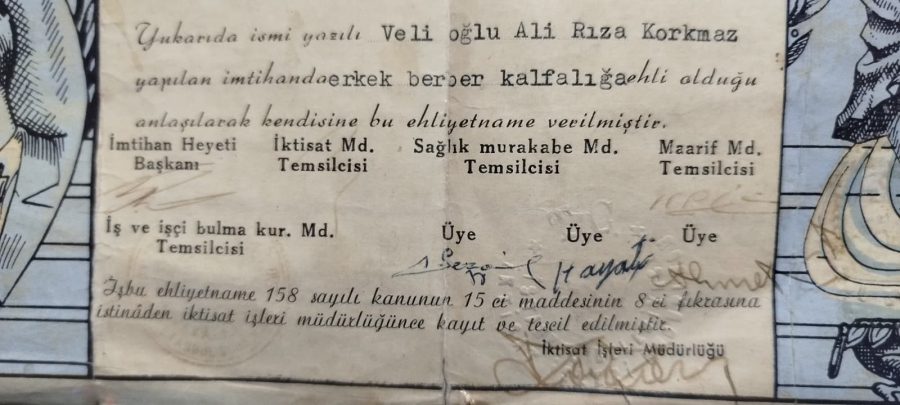 1950 İSTANBUL UMUM BERBERLER DERNEGİ EHLİYETNAME BERBER ACMA DİPLOMASI