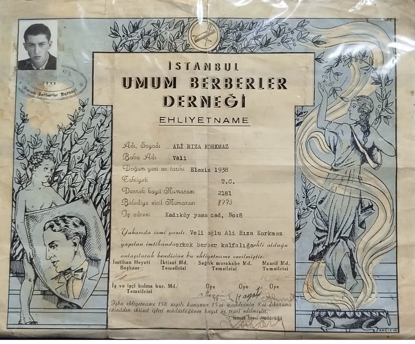 1950 İSTANBUL UMUM BERBERLER DERNEGİ EHLİYETNAME BERBER ACMA DİPLOMASI