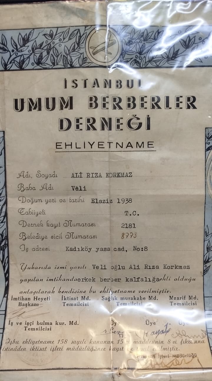 1950 İSTANBUL UMUM BERBERLER DERNEGİ EHLİYETNAME BERBER ACMA DİPLOMASI