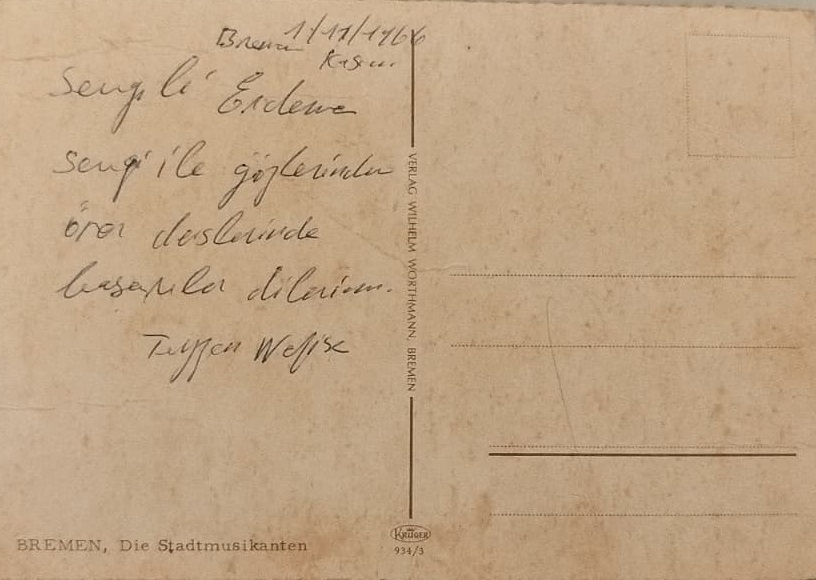 1970 KARTPOSTAL TEBRİK KARTI BREMEN CALGICILARI EŞEK, KÖPEK, KEDİ VE TAVUKTAN OLUŞAN ÜNLÜ HEYKEL