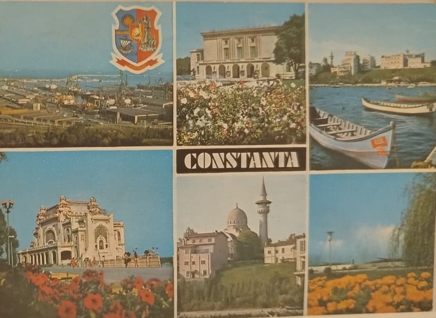 1970 KARTPOSTAL TEBRİK KARTI ROMANYA’NIN CONSTANTA ŞEHRİ LİMANI, BİNALARI, CAMİSİ, TEKNELERİ