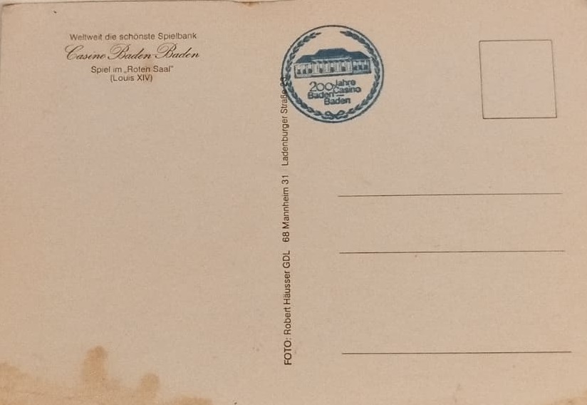 1970 KARTPOSTAL BADEN-BADEN'DEKİ CASINO BİNASINI VE RULET MASASINDA KUMAR OYNAYAN İNSANLARI