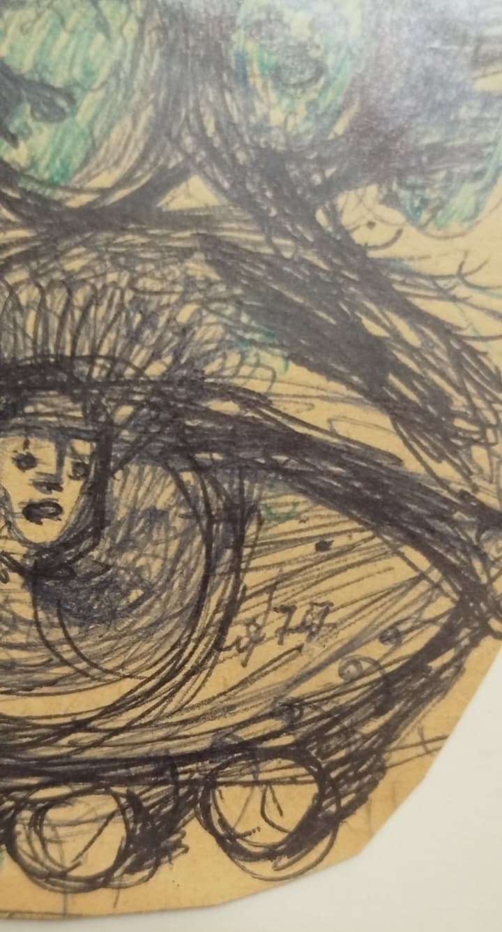 1977 CİHAT ÖZEGEMEN  D.1921 / O.1993  SANATCI İMZALI GÖZ VE YUZLER KARISIK TEKNIK ORJINAL CERCEVESİNDE