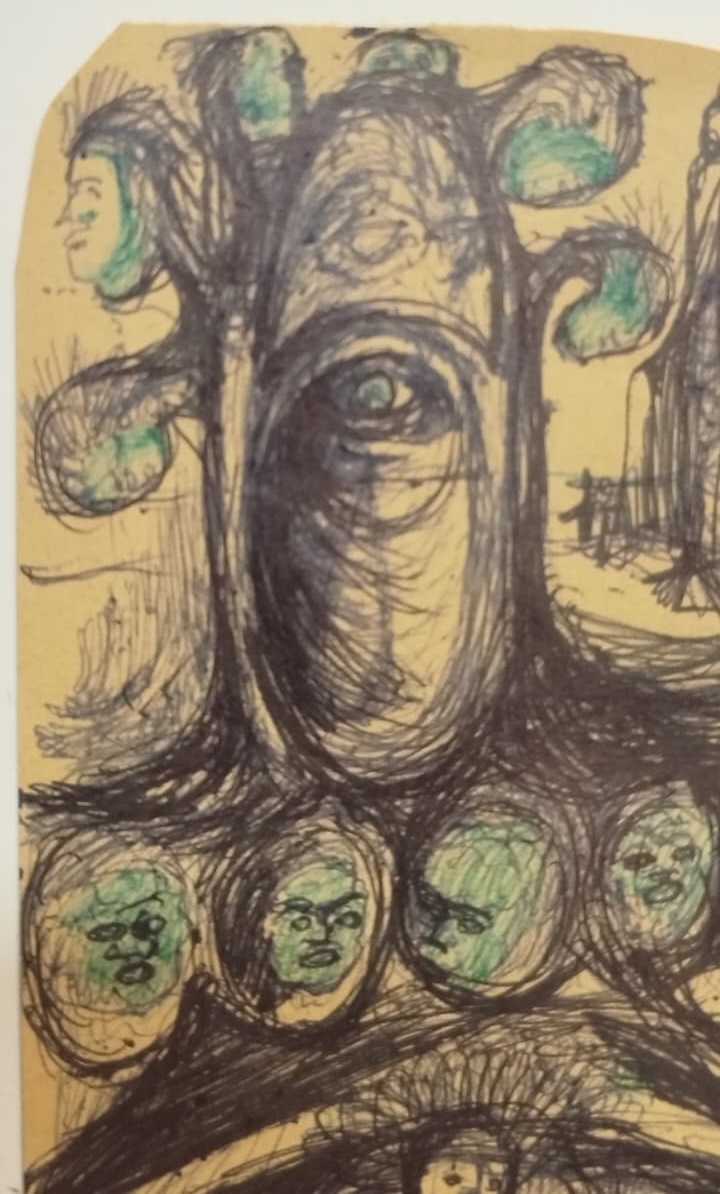 1977 CİHAT ÖZEGEMEN  D.1921 / O.1993  SANATCI İMZALI GÖZ VE YUZLER KARISIK TEKNIK ORJINAL CERCEVESİNDE