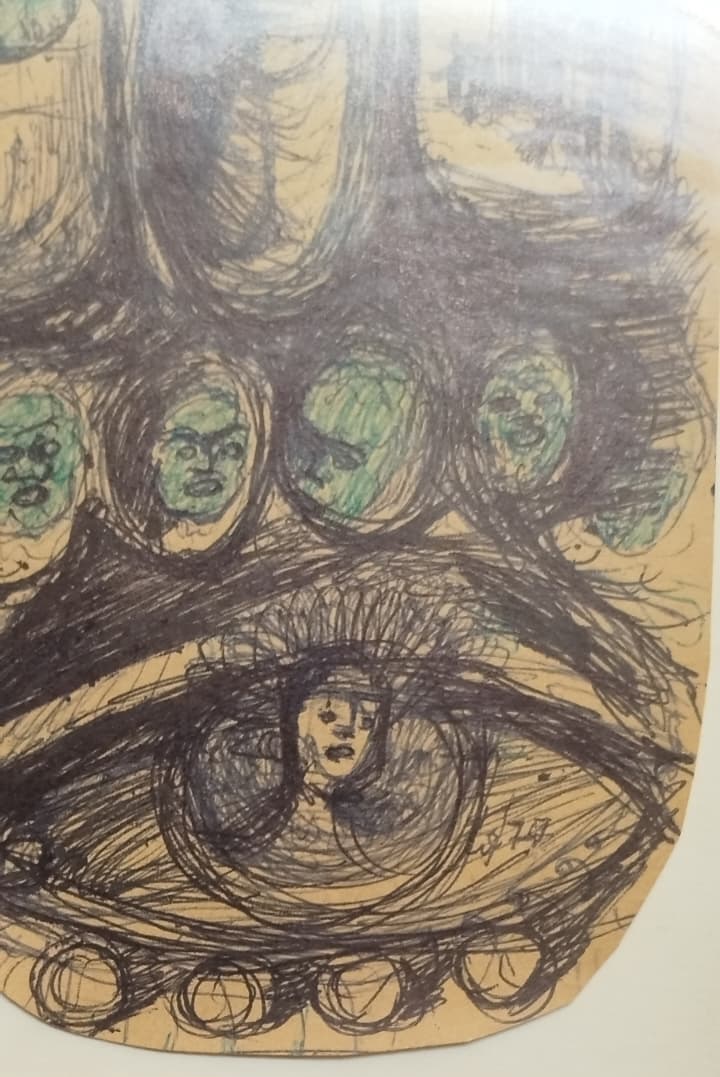 1977 CİHAT ÖZEGEMEN  D.1921 / O.1993  SANATCI İMZALI GÖZ VE YUZLER KARISIK TEKNIK ORJINAL CERCEVESİNDE