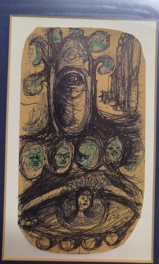 1977 CİHAT ÖZEGEMEN  D.1921 / O.1993  SANATCI İMZALI GÖZ VE YUZLER KARISIK TEKNIK ORJINAL CERCEVESİNDE