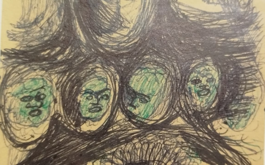 1977 CİHAT ÖZEGEMEN  D.1921 / O.1993  SANATCI İMZALI GÖZ VE YUZLER KARISIK TEKNIK ORJINAL CERCEVESİNDE