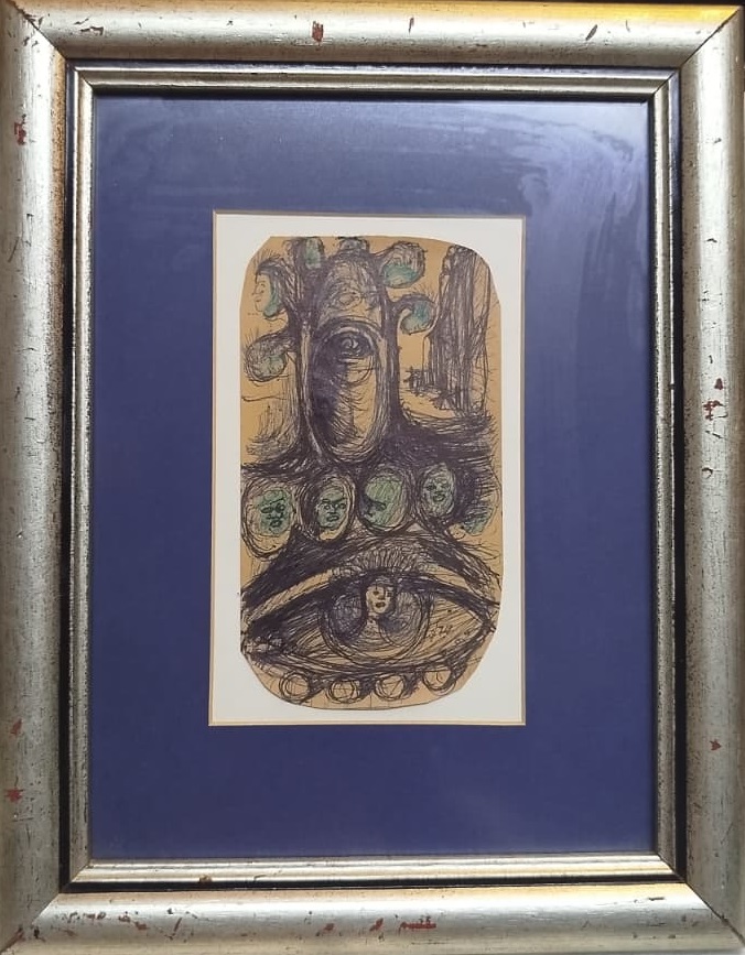 1977 CİHAT ÖZEGEMEN  D.1921 / O.1993  SANATCI İMZALI GÖZ VE YUZLER KARISIK TEKNIK ORJINAL CERCEVESİNDE