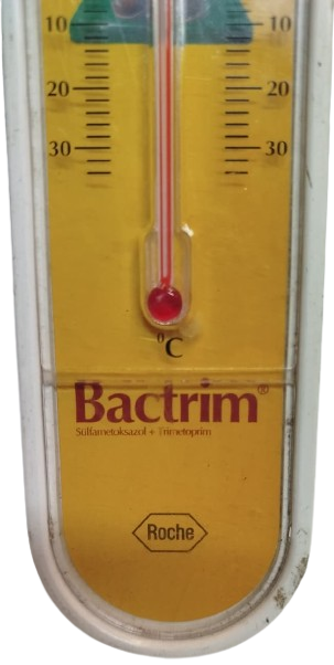 TERMOMETRE EV İCİ SICAKLIK  SOGUKLUK OLCER DERECE CAM CUBUK İCERSİNDE KIRMIZI CIVA TENEKE UZERİNDE ASKER BULUNAN ROCHE BACTRIM