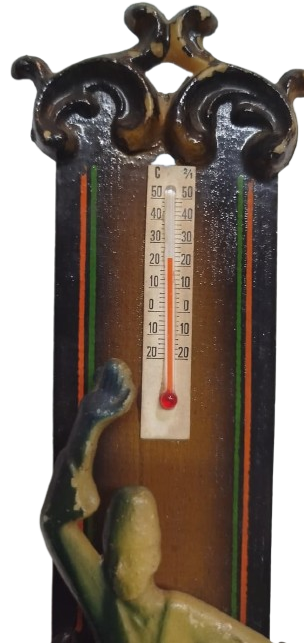 TERMOMETRE EV İCİ SICAKLIK  SOGUKLUK OLCER DERECE CAM CUBUK İCERSİNDE KIRMIZI CIVA KIRMIZI AHSAP EL OYMA KONYA MEVLANA TEMALI