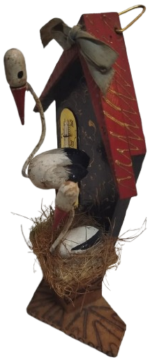 TERMOMETRE EV İCİ SICAKLIK  SOGUKLUK OLCER DERECE CAM CUBUK İCERSİNDE KIRMIZI CIVA KIRMIZI AHSAP EL OYMA  YAZIN HABERCİSİ LEYLEK VE YAVRUSU 