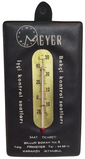 TERMOMETRE EV İCİ SICAKLIK  SOGUKLUK OLCER DERECE CAM CUBUK İCERSİNDE KIRMIZI CIVA PLASTİK MEYER BEKCİ SAATLERİ REKLAMLI 