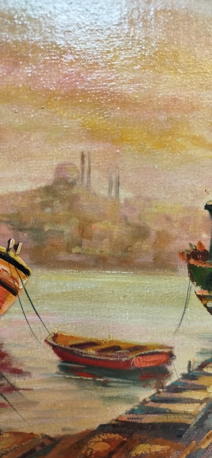 KADİR EKİM SANATCI İMZALI YAGLI BOYA İSTANBUL HALİCDE ESKİ HAL MAVNALAR SEBZE MEYVA YUKU BEKLERKEN 