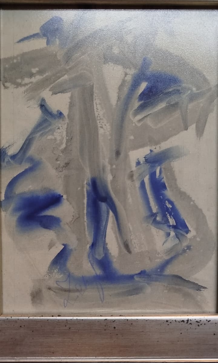 ZEKİ FAİK İZEL İMZALI KARISIK TEKNİK SULU BOYA   GRI MAVİ  TONLARDA ABSTRACT (SOYUT)  CALIŞMA 