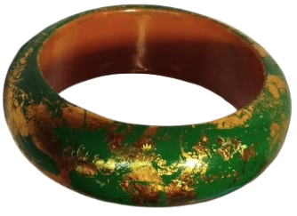 1970 VİNTAGE BİLEZİK AHSAP UZERİ LAKE KAPLAMA YESİL UZERİ  ALTIN İSLEME 