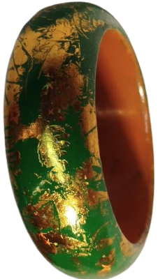 1970 VİNTAGE BİLEZİK AHSAP UZERİ LAKE KAPLAMA YESİL UZERİ  ALTIN İSLEME 