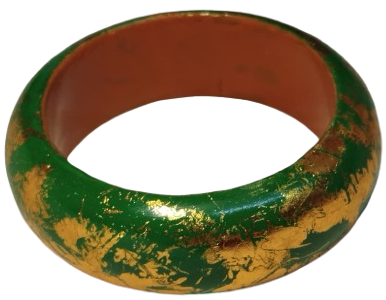 1970 VİNTAGE BİLEZİK AHSAP UZERİ LAKE KAPLAMA YESİL UZERİ  ALTIN İSLEME 