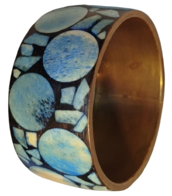 1970 VİNTAGE BRONZ MOZAİK SİYAH ZEMİN UZERİ TURKUAZ RENK GEOMETRİK TASLAR 