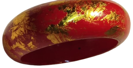 1970 VİNTAGE BİLEZİK AHSAP UZERİ LAKE KAPLAMA BORDO UZERİ ALTIN İSLEME 