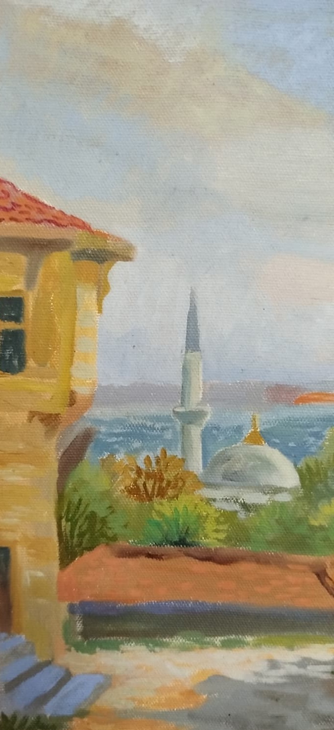TURK RESSAM YAVUZ SARACOĞLU 2009 İMZALI TUAL ÜZERİ YAGLIBOYA  İSTANBUL BOGAZI CALIŞMASI