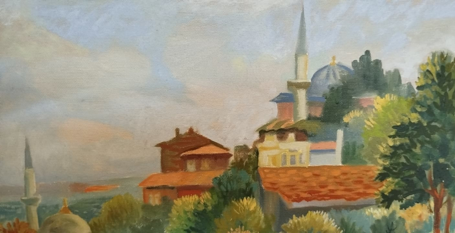 TURK RESSAM YAVUZ SARACOĞLU 2009 İMZALI TUAL ÜZERİ YAGLIBOYA  İSTANBUL BOGAZI CALIŞMASI