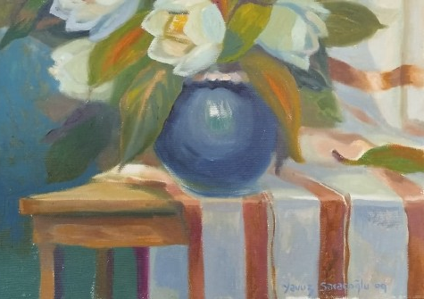 TURK RESSAM YAVUZ SARACOĞLU 2009 İMZALI TUAL ÜZERİ YAGLIBOYA VAZODA CİCEKLER CALIŞMASI