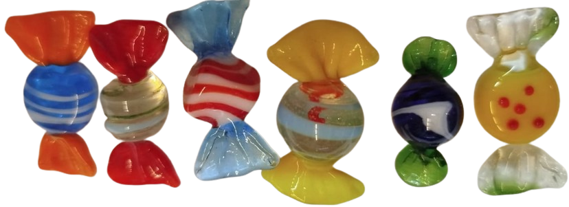 İTALYANIN VENEDİK'E BAĞLI MURANO ADASI'NDA ÜRETİLEN EL YAPIM RENKLİ SEKERLER 12 ADET KARISIK RENKDE