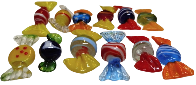 İTALYANIN VENEDİK'E BAĞLI MURANO ADASI'NDA ÜRETİLEN EL YAPIM RENKLİ SEKERLER 12 ADET KARISIK RENKDE