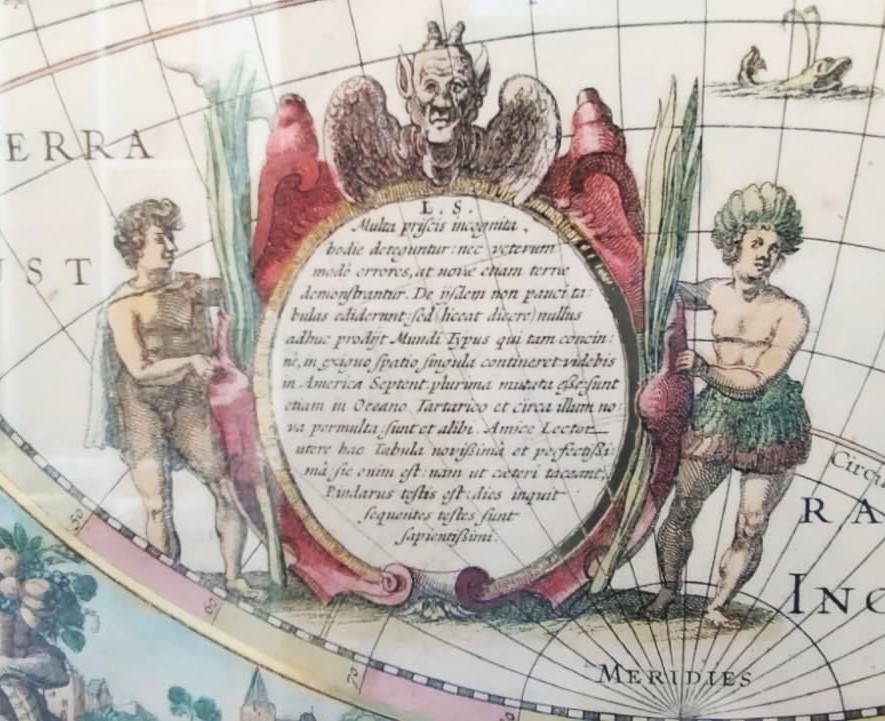 1689 CİZİM DUNYA HARİTASI CAM CERCEVESİNDE ESKİ ORJINAL BAKIR BASKI