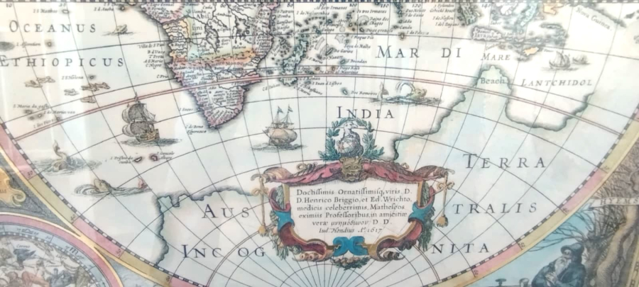 1689 CİZİM DUNYA HARİTASI CAM CERCEVESİNDE ESKİ ORJINAL BAKIR BASKI