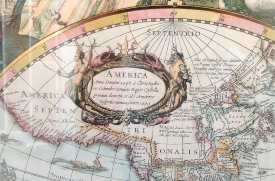 1689 CİZİM DUNYA HARİTASI CAM CERCEVESİNDE ESKİ ORJINAL BAKIR BASKI