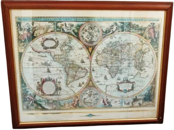 1689 CİZİM DUNYA HARİTASI CAM CERCEVESİNDE ESKİ ORJINAL BAKIR BASKI