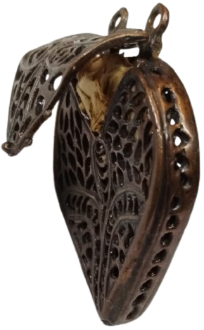 19.YÜZYIL OSMANLI DÖNEMİ ORİJİNAL BRONZ HAMAYIL KOLYE UCU AÇILIR KAPAKLI MUSKA KABI ÇOK NADİR