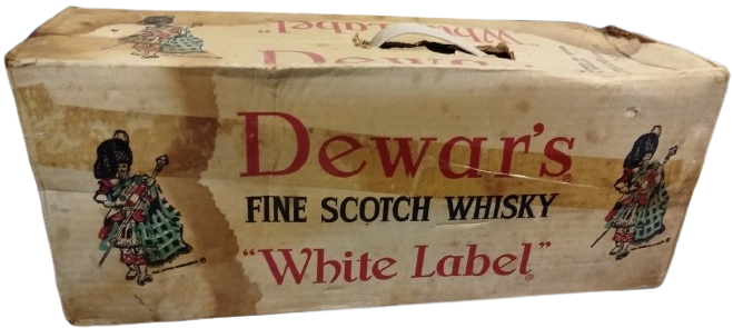 1960 1970 DÖNEMİ ORİJİNAL DEWAR’S WHITE LABEL 5 LİTRE BOS DEV CAM ŞİŞE METAL SALINCAKLI AYAK KARTON KUTUSU İLE