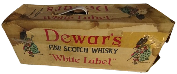 1960 1970 DÖNEMİ ORİJİNAL DEWAR’S WHITE LABEL 5 LİTRE BOS DEV CAM ŞİŞE METAL SALINCAKLI AYAK KARTON KUTUSU İLE