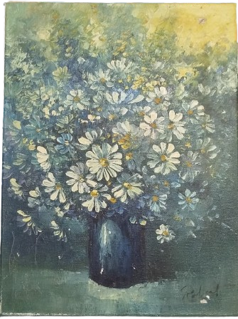 1970’LER İMZALI ORİJİNAL YAĞLIBOYA “VAZODA BEYAZ PAPATYALAR” -SPATÜL ÇALIŞMA  TUVAL