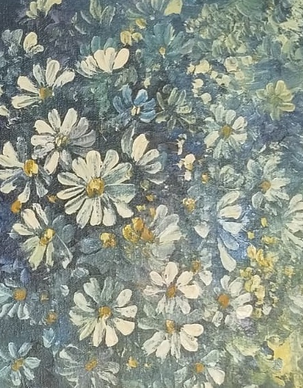 1970’LER İMZALI ORİJİNAL YAĞLIBOYA “VAZODA BEYAZ PAPATYALAR” -SPATÜL ÇALIŞMA  TUVAL