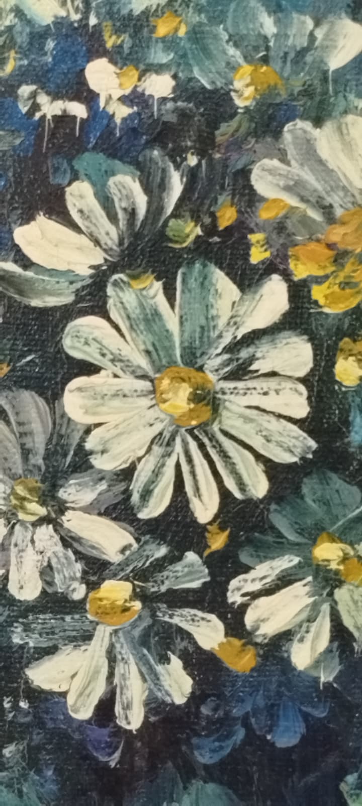 1970’LER İMZALI ORİJİNAL YAĞLIBOYA “VAZODA BEYAZ PAPATYALAR” -SPATÜL ÇALIŞMA  TUVAL
