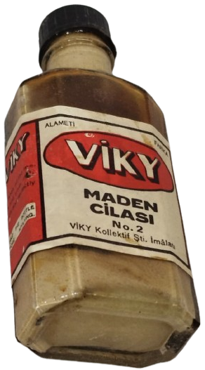 1960-70 ORİJİNAL VİKY MADEN CİLASI - İÇİ DOLU CAM ŞİŞE - TÜRKÇE & İNGİLİZCE ETİKETLİ - KOLEKSİYONLUK