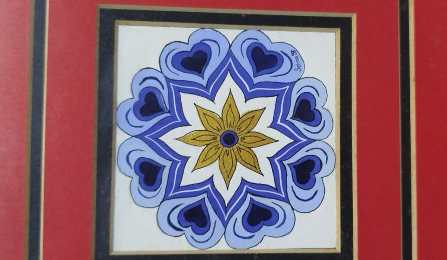 ÖZEL ÇERÇEVESİNDE EL YAPIMI YAĞLI BOYA TABLO - MANDALA MOTİFLİ SANATCI İMZALI  SELMA 98