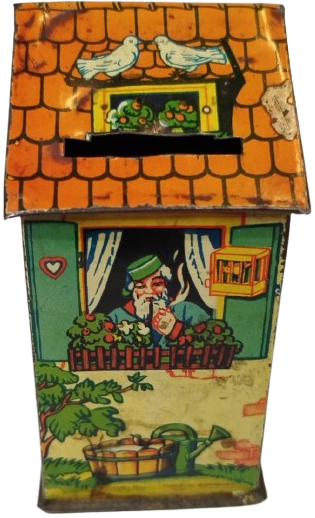 1950’LER BATI ALMANYA ÜRETİMİ UZERİ RESİMLİ TENEKE EV KUMBARA HAREKETLİ 4 RESİMLİ KOLEKSİYONLUK 