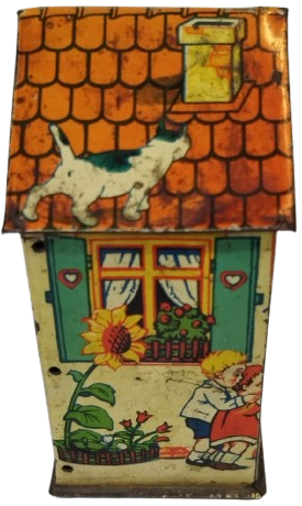 1950’LER BATI ALMANYA ÜRETİMİ UZERİ RESİMLİ TENEKE EV KUMBARA HAREKETLİ 4 RESİMLİ KOLEKSİYONLUK 